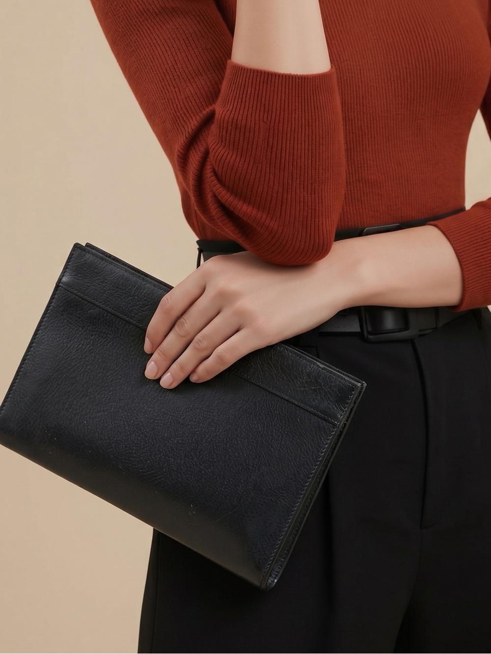 Valentino Garavani Black Leather Clutch Bag with Gold Corner Hardware